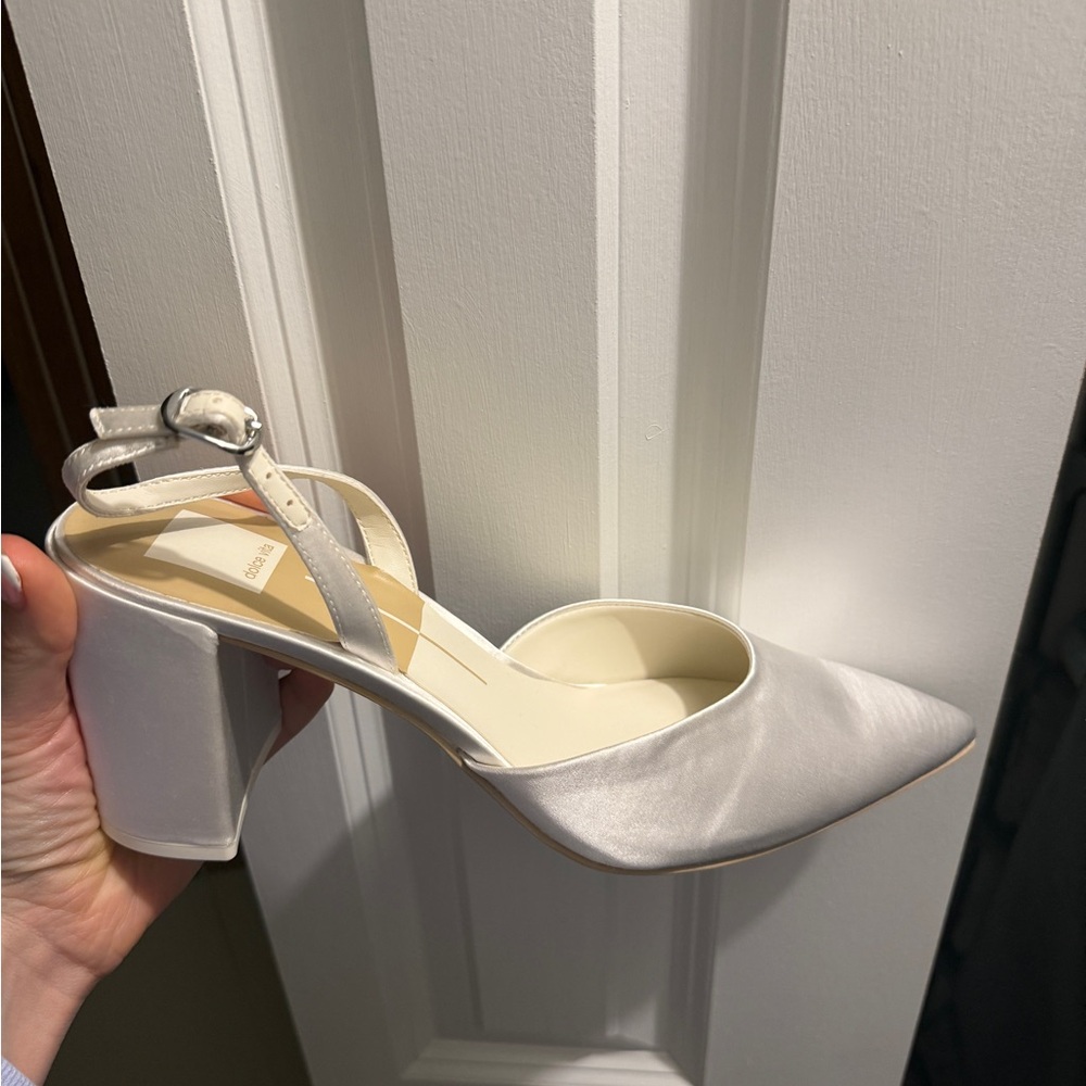 Dolce Vita White Satin Block Heel Pumps